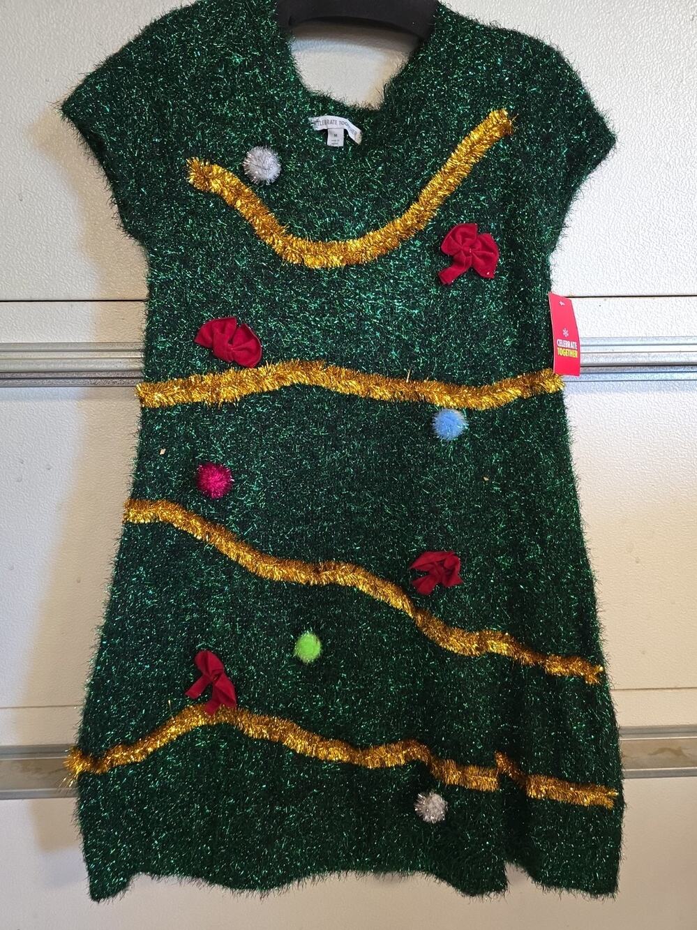 Celebrate Together Christmas Cosplay Green Sparkle Bows PomPom Knit Dress Size M